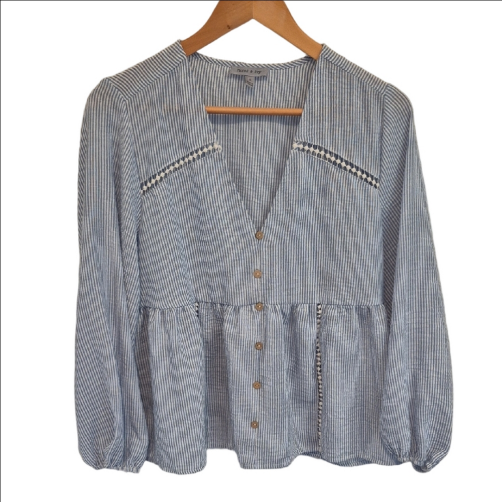 Floral & Ivy Blue Striped Peplum Blouse with Button Detail